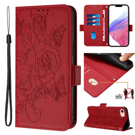 For iPhone SE 2024 Embossed Rose RFID Anti-theft Leather Phone Case(Red) - More iPhone Cases by buy2fix | Online Shopping UK | buy2fix