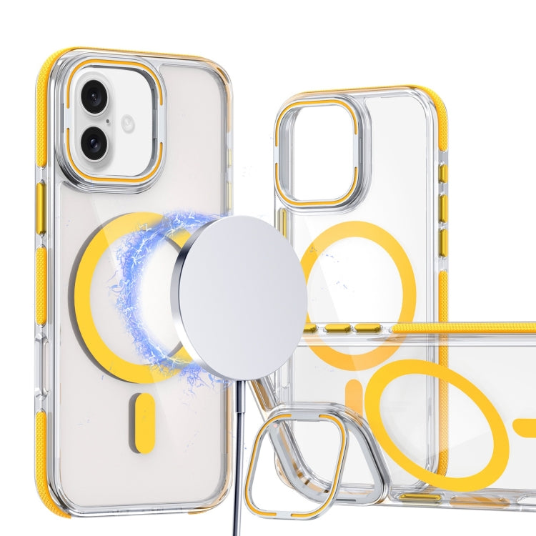 For iPhone 16 Plus Dual-Color Clear Acrylic Hybrid TPU Lens Flip Holder MagSafe Phone Case(Yellow) - iPhone 16 Plus Cases by buy2fix | Online Shopping UK | buy2fix