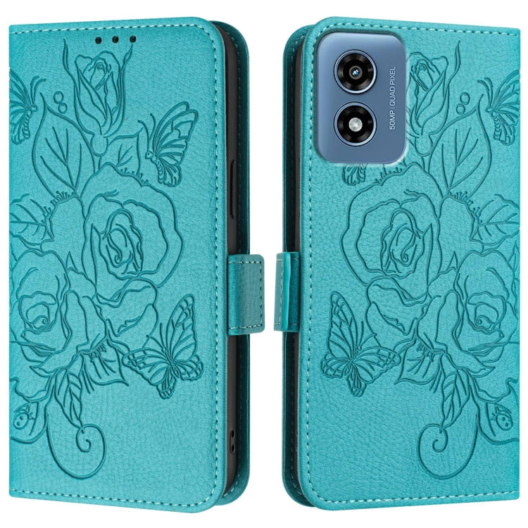 For Motorola Moto G Play 4G 2024 Embossed Rose RFID Anti-theft Leather Phone Case(Light Blue) - Motorola Cases by buy2fix | Online Shopping UK | buy2fix