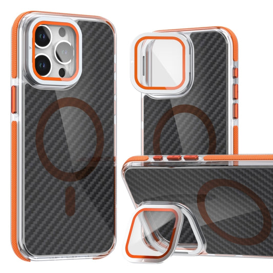 For iPhone 14 Pro Magsafe Dual-Color Carbon Fiber Lens Film Phone Case with Lens Fold Holder(Orange) - iPhone 14 Pro Cases by buy2fix | Online Shopping UK | buy2fix