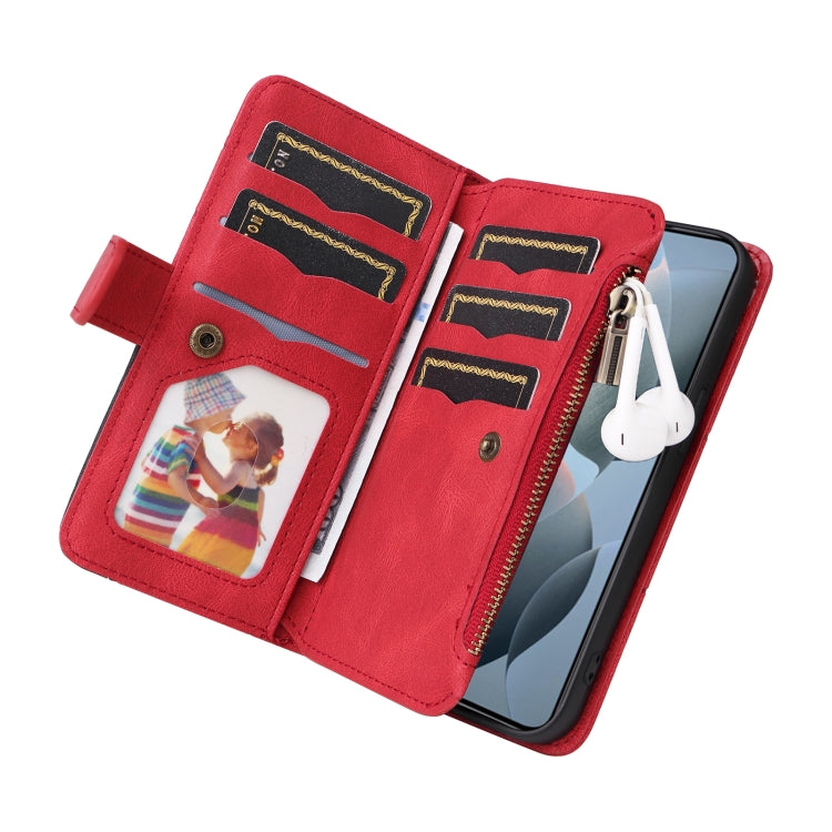 For Redmi K70 Dual-color 9 Card Slots Zipper Wallet Leather Phone Case(Red) - K70 Cases by buy2fix | Online Shopping UK | buy2fix