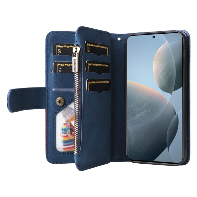 For Redmi K70 Dual-color 9 Card Slots Zipper Wallet Leather Phone Case(Blue) - K70 Cases by buy2fix | Online Shopping UK | buy2fix