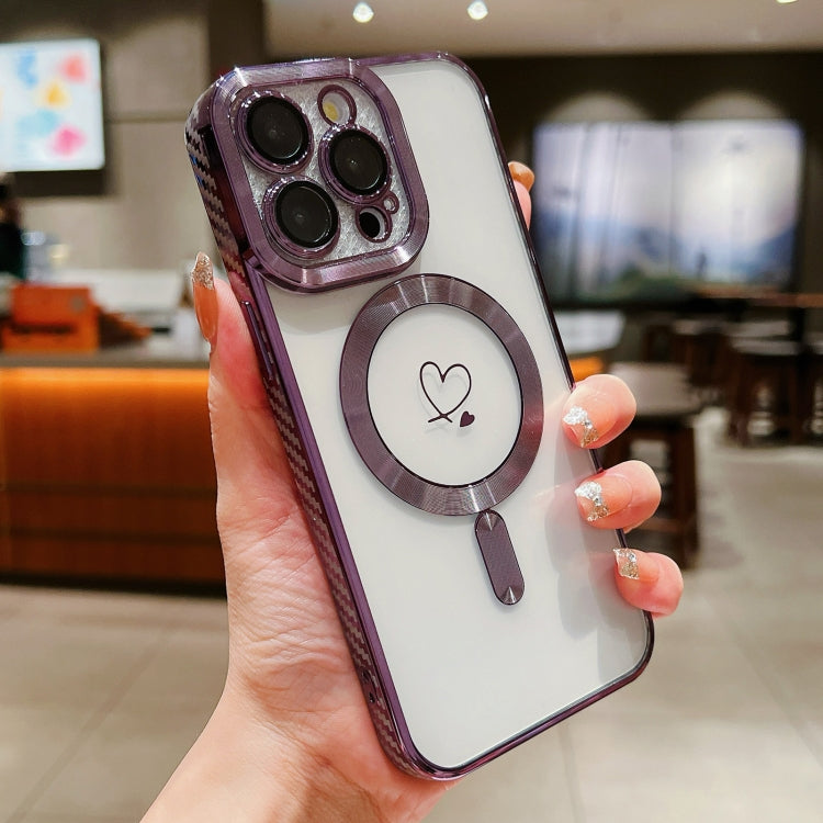 For iPhone 13 Pro Max Loves Carbon Fiber Clear Plated Magsafe TPU Phone Case(Purple) - iPhone 13 Pro Max Cases by buy2fix | Online Shopping UK | buy2fix