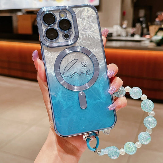 For iPhone 16 Pro Max Dual-Love Feather  Gradient Glitter Bracelets Magsafe TPU Phone Case(Blue) - iPhone 16 Pro Max Cases by buy2fix | Online Shopping UK | buy2fix