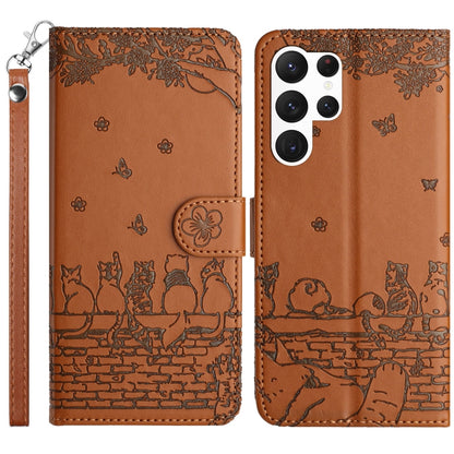 For Samsung Galaxy S25 Ultra 5G Cat Embossing Pattern Leather Phone Case with Lanyard(Brown) - Galaxy S25 Ultra 5G Cases by buy2fix | Online Shopping UK | buy2fix