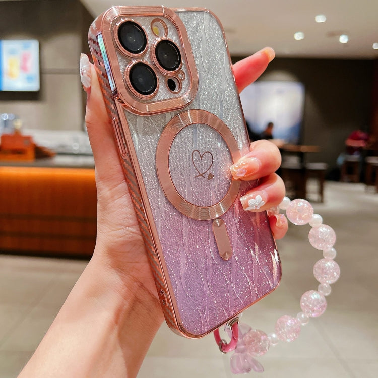 For iPhone 15 Pro Max Loves Leaves Gradient Glitter Bracelets Carbon Fiber Magsafe TPU Phone Case(Pink) - iPhone 15 Pro Max Cases by buy2fix | Online Shopping UK | buy2fix