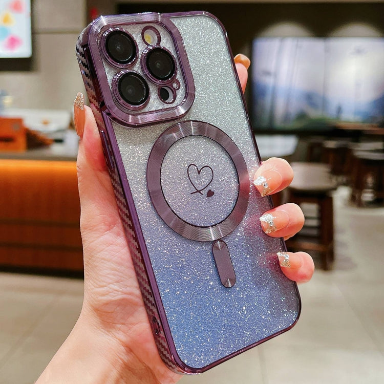 For iPhone 11 Pro Loves Gradient Glitter Carbon Fiber Magsafe TPU Phone Case(Purple) - iPhone 11 Pro Cases by buy2fix | Online Shopping UK | buy2fix