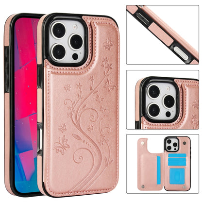 For iPhone 16 Pro Double Buckle Butterfly Embossing PU Phone Case(Rose Gold) - iPhone 16 Pro Cases by buy2fix | Online Shopping UK | buy2fix