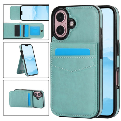 For iPhone 16 Plus Solid Color Card Slots Bracket PU Phone Case(Mint Green) - iPhone 16 Plus Cases by buy2fix | Online Shopping UK | buy2fix