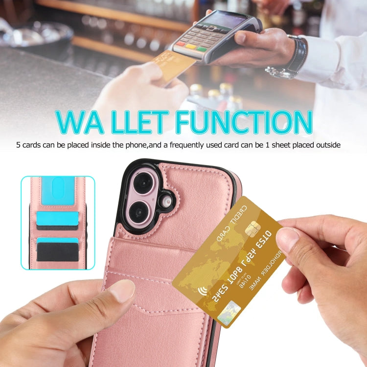 For iPhone 16 Solid Color Card Slots Bracket PU Phone Case(Rose Gold) - iPhone 16 Cases by buy2fix | Online Shopping UK | buy2fix