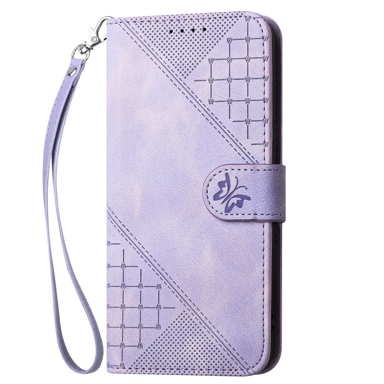 For Redmi K70 YX0080 Grid Butterfly Embossed Pattern Flip Leather Phone Case with Lanyard(Light Purple) - K70 Cases by buy2fix | Online Shopping UK | buy2fix