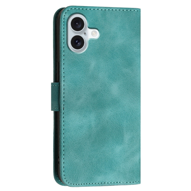 For iPhone 16 Plus YX0080 Grid Butterfly Embossed Pattern Flip Leather Phone Case with Lanyard(Light Blue) - iPhone 16 Plus Cases by buy2fix | Online Shopping UK | buy2fix