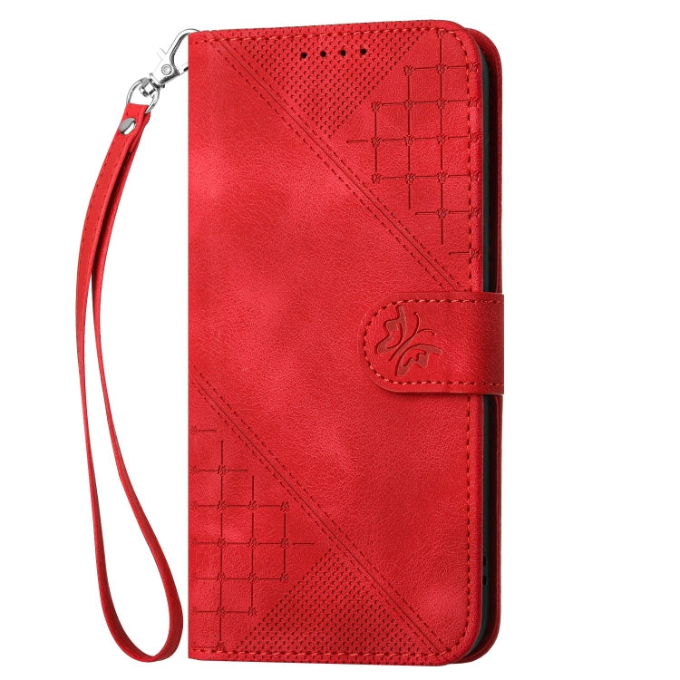 For Motorola Moto G Play 4G 2024 YX0080 Grid Butterfly Embossed Pattern Flip Leather Phone Case with Lanyard(Red) - Motorola Cases by buy2fix | Online Shopping UK | buy2fix