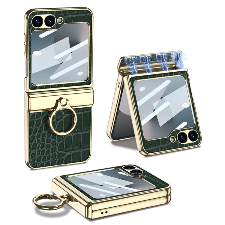 For Samsung Galaxy Z Flip6 GKK Integrated Electroplated Crocodile Texture Leather Phone Case with Ring(Green) - Galaxy Z Flip6 5G Cases by GKK | Online Shopping UK | buy2fix