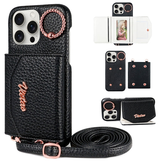 For iPhone 13 Pro VIETAO Ring Holder Card Bag Phone Case with Lanyard(Black) - iPhone 13 Pro Cases by VIETAO | Online Shopping UK | buy2fix