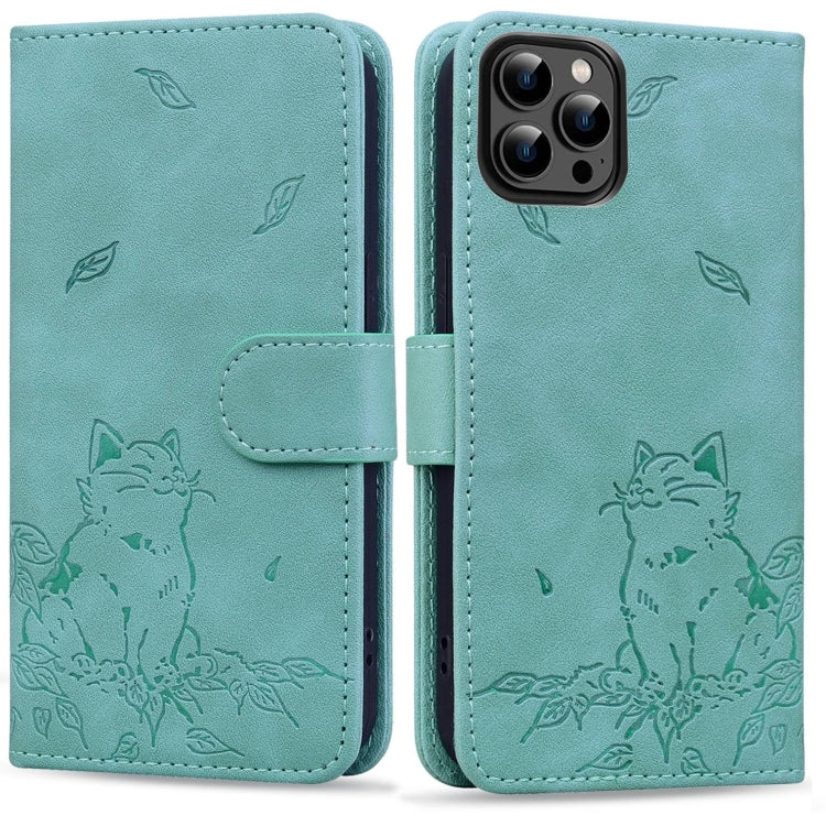 For iPhone 16 Pro Max Cute Cat Embossed Leather Phone Case(Green) - iPhone 16 Pro Max Cases by buy2fix | Online Shopping UK | buy2fix