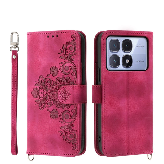 For Redmi K70 Ultra Skin Feel Flowers Embossed Wallet Leather Phone Case(Wine Red) - Xiaomi Cases by buy2fix | Online Shopping UK | buy2fix