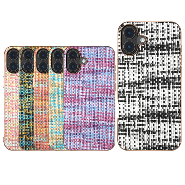 For iPhone 16 Plus Electroplated Frame Color Lattice Texture PU Phone Case(Blue) - iPhone 16 Plus Cases by buy2fix | Online Shopping UK | buy2fix