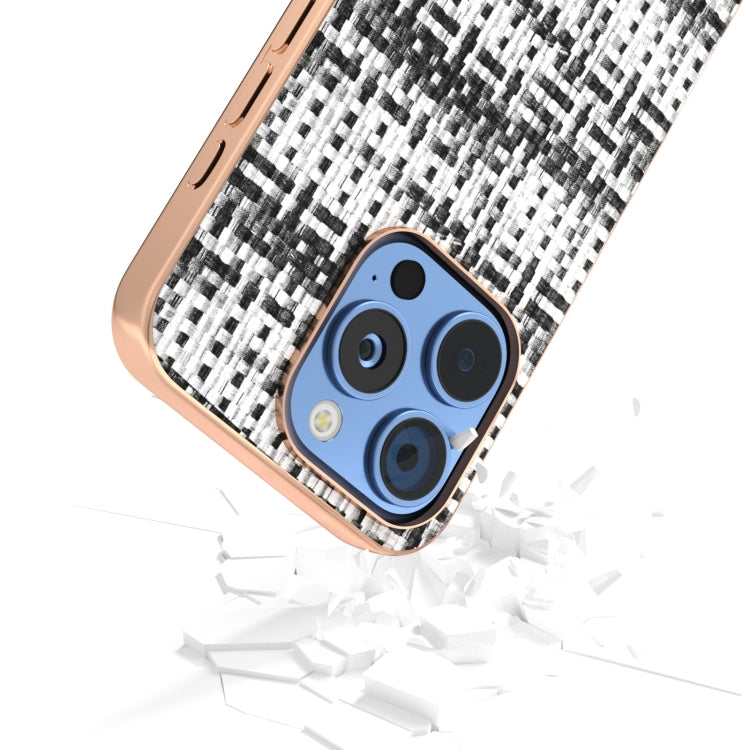 For iPhone 16 Pro Max Electroplated Frame Color Lattice Texture PU Phone Case(Black) - iPhone 16 Pro Max Cases by buy2fix | Online Shopping UK | buy2fix