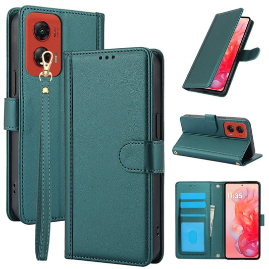 For Motorola Moto G Stylus 5G 2024 Skin Feel Pure Color Card Slots Leather Phone Case with Dual Lanyard(Green) - Motorola Cases by buy2fix | Online Shopping UK | buy2fix