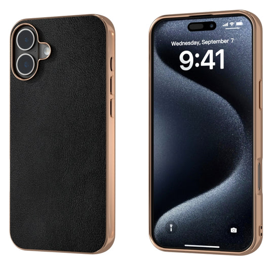 For iPhone 16 Plus PU Leather Electroplating Frame Full Coverage Phone Case(Black) - iPhone 16 Plus Cases by buy2fix | Online Shopping UK | buy2fix