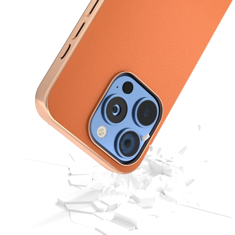 For iPhone 16 Pro Max PU Leather Electroplating Frame Full Coverage Phone Case(Orange) - iPhone 16 Pro Max Cases by buy2fix | Online Shopping UK | buy2fix