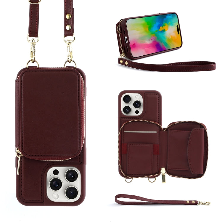 For iPhone 16 Pro Max Crossbody Zipper Wallet Bag Leather Phone Case with Lanyard(Wine Red) - iPhone 16 Pro Max Cases by buy2fix | Online Shopping UK | buy2fix