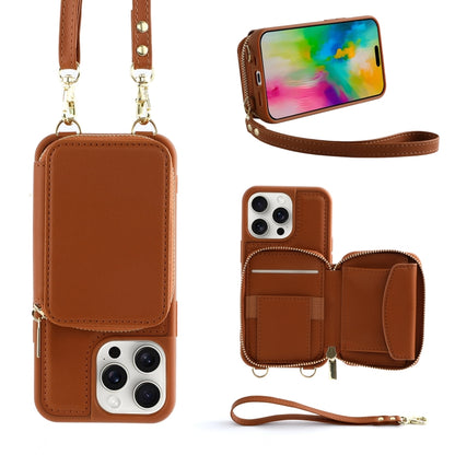 For iPhone 16 Pro Max Crossbody Zipper Wallet Bag Leather Phone Case with Lanyard(Brown) - iPhone 16 Pro Max Cases by buy2fix | Online Shopping UK | buy2fix