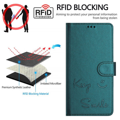 For iPhone 16 Pro Max Smile Embossing RFID Leather Phone Case(Peacock Green) - iPhone 16 Pro Max Cases by buy2fix | Online Shopping UK | buy2fix