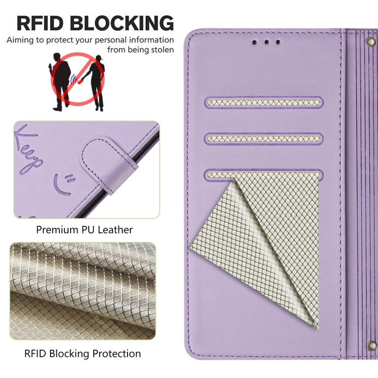 For OnePlus 12 5G Global Smile Embossing RFID Leather Phone Case(Light Purple) - OnePlus Cases by buy2fix | Online Shopping UK | buy2fix