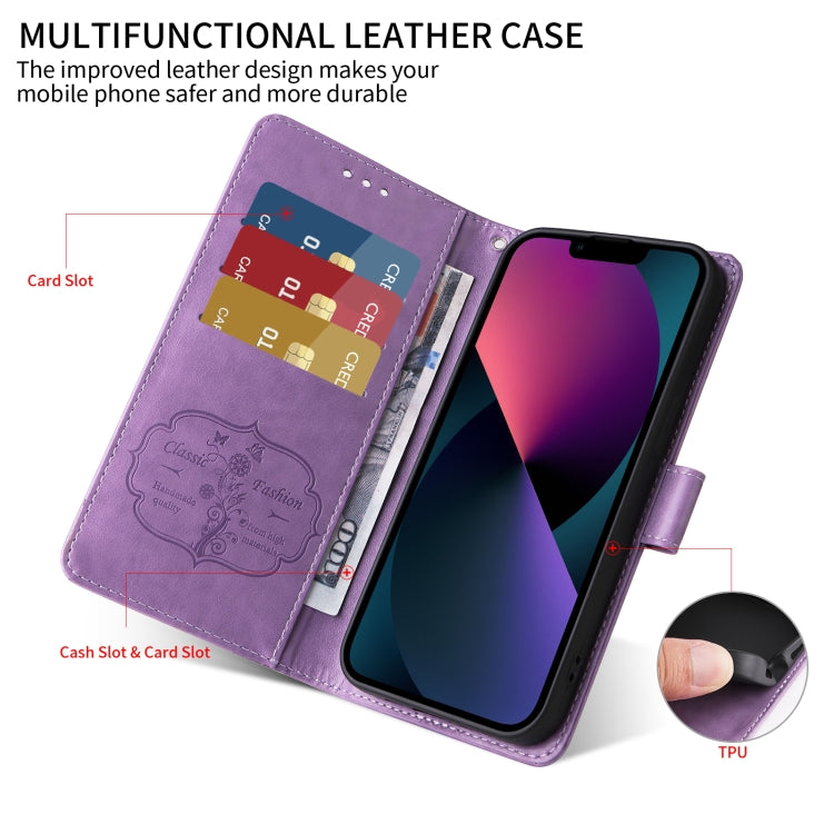 For iPhone 16 Pro Embossed Butterfly Flowers Leather Phone Case(Purple) - iPhone 16 Pro Cases by buy2fix | Online Shopping UK | buy2fix