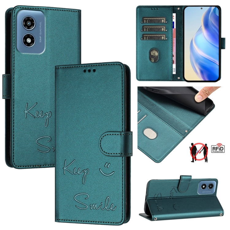 For Motorola Moto G Play 5G 2024 Global Smile Embossing RFID Leather Phone Case(Peacock Green) - Motorola Cases by buy2fix | Online Shopping UK | buy2fix