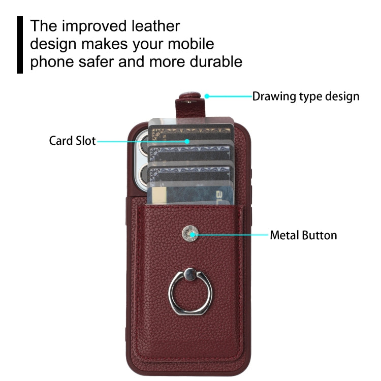 For iPhone 16 Pro Litchi Texture Drawing Card Bag Ring Holder Phone Case(Wine Red) - iPhone 16 Pro Cases by buy2fix | Online Shopping UK | buy2fix