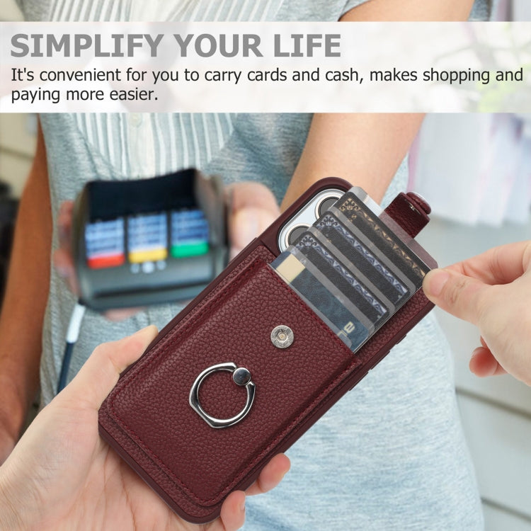 For iPhone 16 Pro Litchi Texture Drawing Card Bag Ring Holder Phone Case(Wine Red) - iPhone 16 Pro Cases by buy2fix | Online Shopping UK | buy2fix