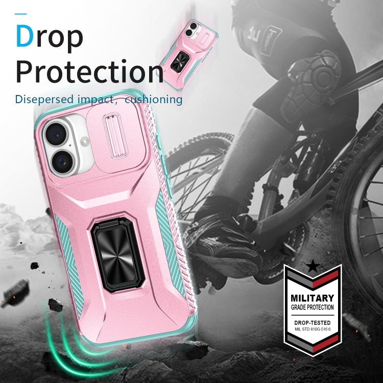 For iPhone 16 Sliding Camshield Holder Phone Case(Pink + Grey Green) - iPhone 16 Cases by buy2fix | Online Shopping UK | buy2fix