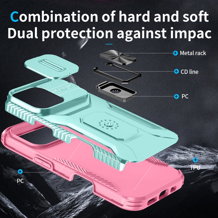 For iPhone 16 Pro Max Sliding Camshield Holder Phone Case(Grey Green + Pink) - iPhone 16 Pro Max Cases by buy2fix | Online Shopping UK | buy2fix