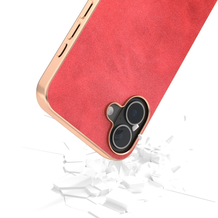 For iPhone 16 Plus Nano Electroplating Dual Color Cowhide Texture Protective Phone Case(Red) - iPhone 16 Plus Cases by buy2fix | Online Shopping UK | buy2fix