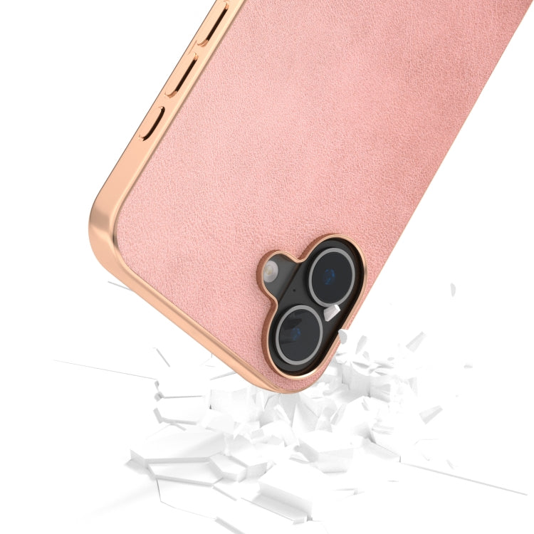 For iPhone 16 Nano Electroplating Dual Color Cowhide Texture Protective Phone Case(Rose Gold) - iPhone 16 Cases by buy2fix | Online Shopping UK | buy2fix