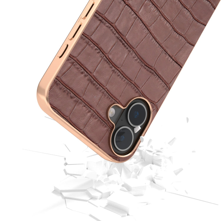 For iPhone 16 ABEEL Electroplating Frame Crocodile Texture Genuine Leather Phone Case(Brown) - iPhone 16 Cases by buy2fix | Online Shopping UK | buy2fix