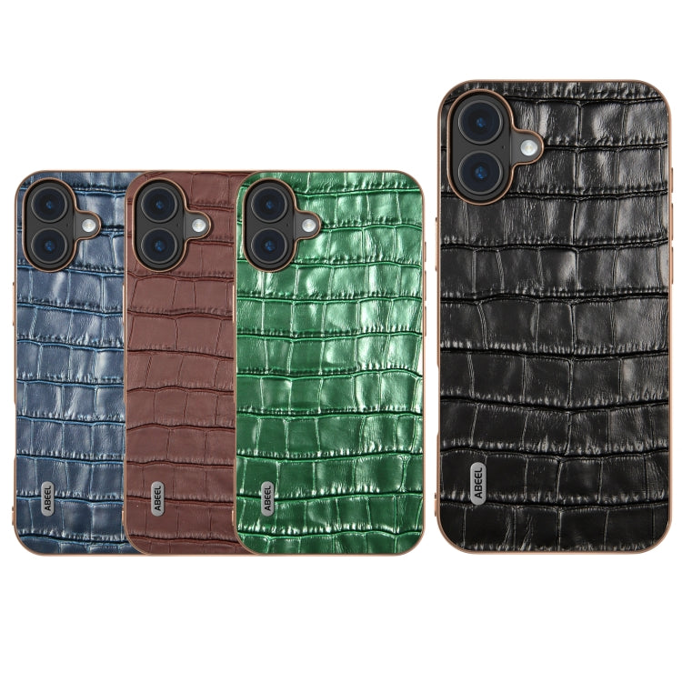 For iPhone 16 ABEEL Electroplating Frame Crocodile Texture Genuine Leather Phone Case(Brown) - iPhone 16 Cases by buy2fix | Online Shopping UK | buy2fix