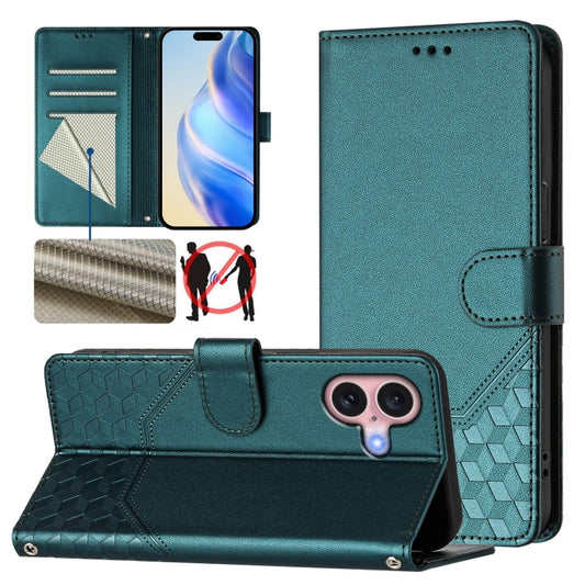 For iPhone 16 Plus Honeycomb Embossing RFID Leather Phone Case(Peacock Green) - iPhone 16 Plus Cases by buy2fix | Online Shopping UK | buy2fix