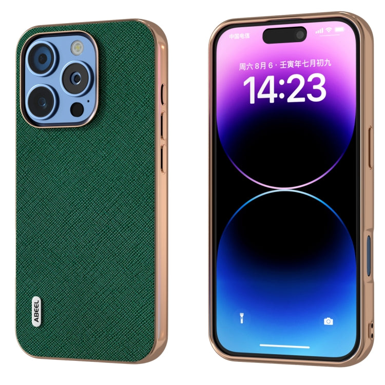 For iPhone 16 Pro ABEEL Electroplating Frame Cross Texture Genuine Leather Phone Case(Green) - iPhone 16 Pro Cases by buy2fix | Online Shopping UK | buy2fix