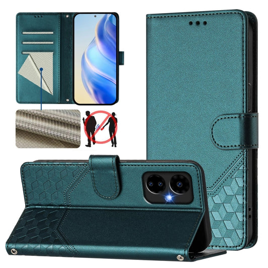 For Boost Mobile Celero 5G 2024 Honeycomb Embossing RFID Leather Phone Case(Peacock Green) - More Brand by buy2fix | Online Shopping UK | buy2fix