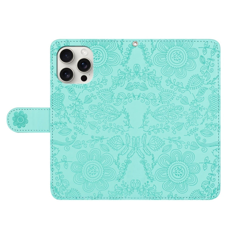 For iPhone 16 Pro Floral Embossed Pattern Leather Phone Case(Light Green) - iPhone 16 Pro Cases by buy2fix | Online Shopping UK | buy2fix