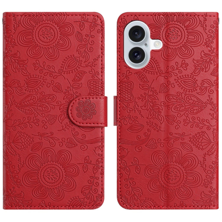 For iPhone 16 Plus Floral Embossed Pattern Leather Phone Case(Red) - iPhone 16 Plus Cases by buy2fix | Online Shopping UK | buy2fix