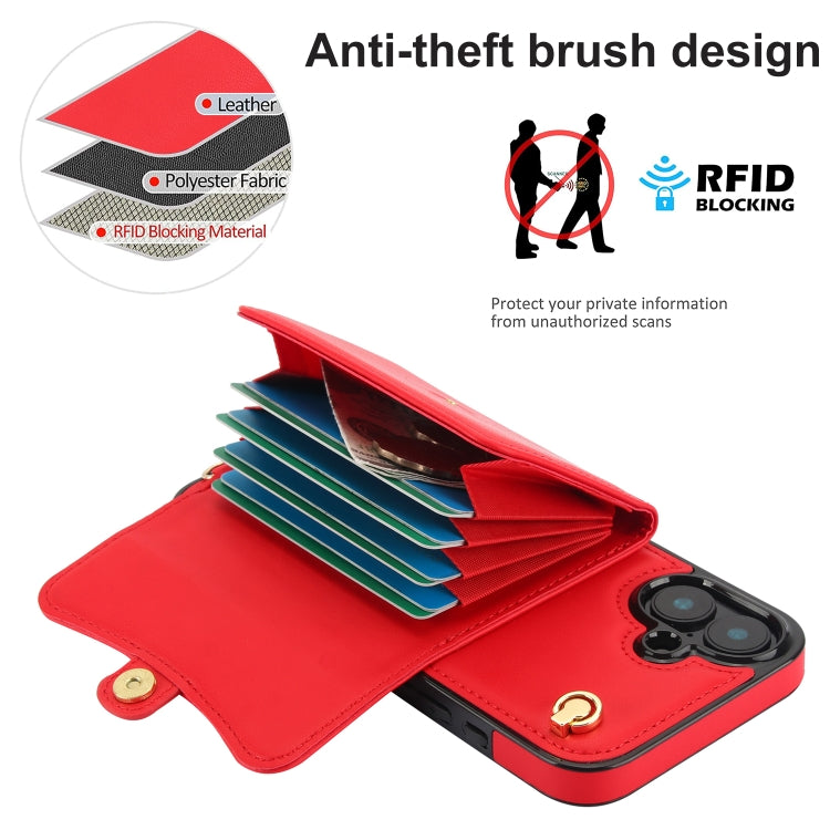 For iPhone 16 Plus RFID Card Slot Phone Case with Long Lanyard(Red) - iPhone 16 Plus Cases by buy2fix | Online Shopping UK | buy2fix