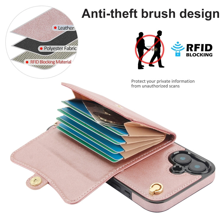 For iPhone 16 RFID Card Slot Phone Case with Long Lanyard(Rose Gold) - iPhone 16 Cases by buy2fix | Online Shopping UK | buy2fix