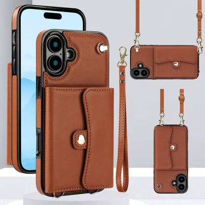 For iPhone 16 RFID Card Slot Phone Case with Long Lanyard(Brown) - iPhone 16 Cases by buy2fix | Online Shopping UK | buy2fix