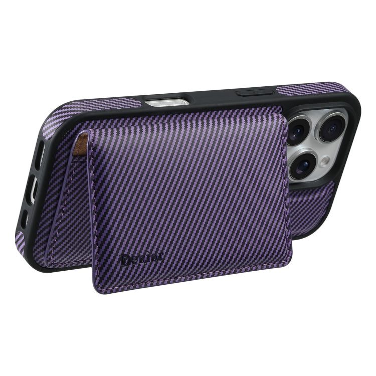 For iPhone 16 Denior Carbon Fiber Texture Leather Card Bag MagSafe Phone Case(Purple) - iPhone 16 Cases by Denior | Online Shopping UK | buy2fix