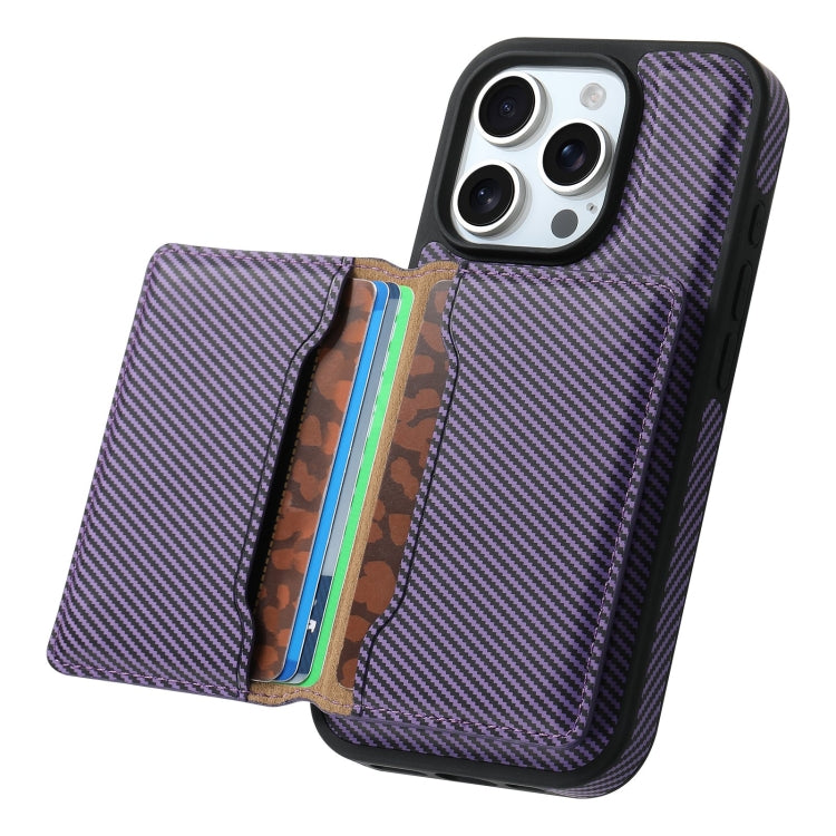 For iPhone 16 Denior Carbon Fiber Texture Leather Card Bag MagSafe Phone Case(Purple) - iPhone 16 Cases by Denior | Online Shopping UK | buy2fix